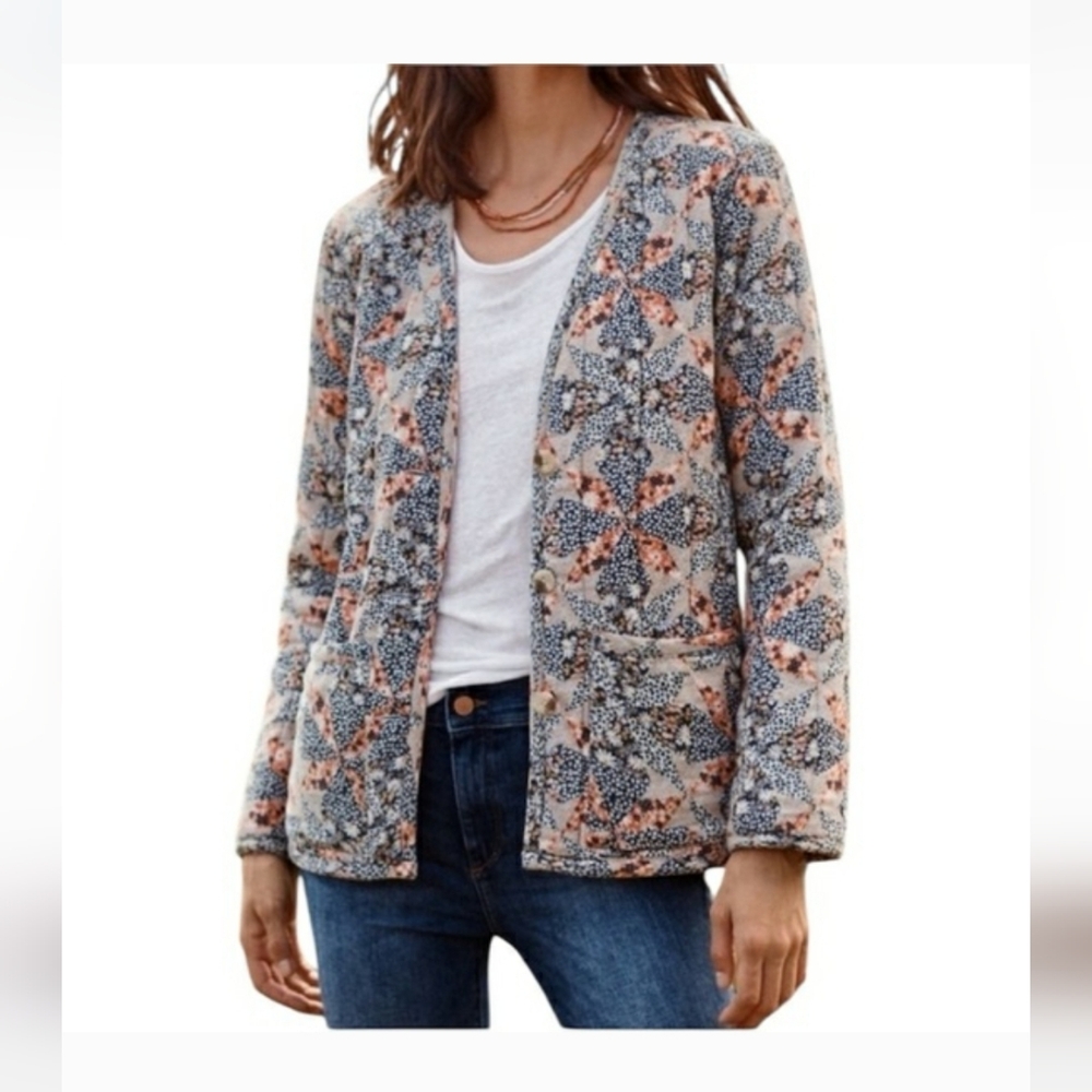 Floral Patchwork Quilted Jacket - Blue & Peach